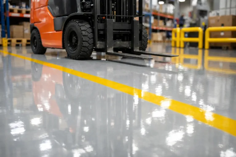 Fork truck operating on a clean, glossy polyaspartic floor with safety stripes in an active factory.