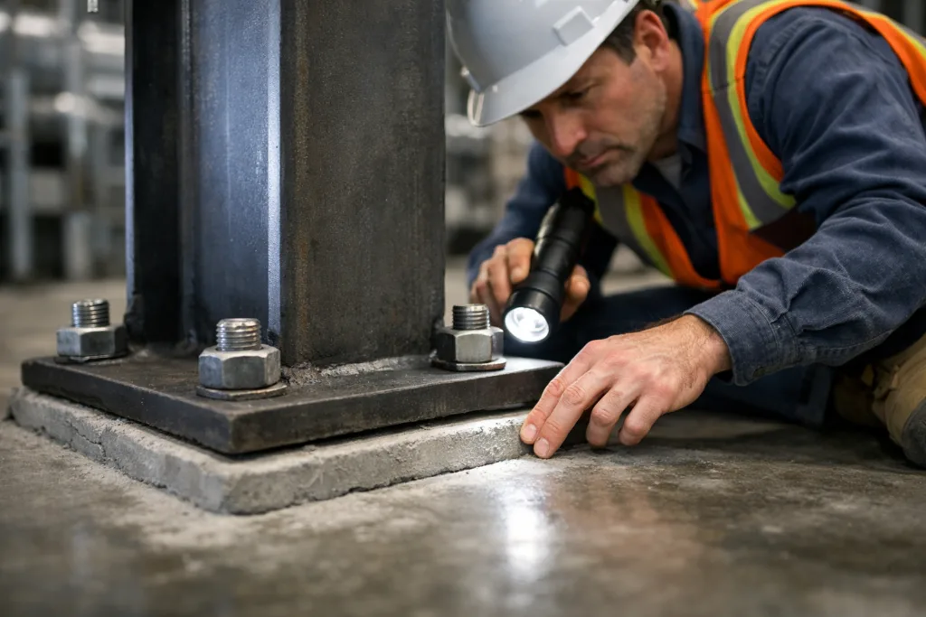 A site supervisor checks a grout base beneath a large column, illustrating a typical static loading scenario as discussed in Static vs. Dynamic Loading: Selecting the Right Grout Series.