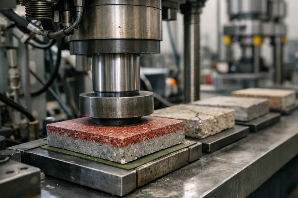 This image shows an actual compressive strength test setup for industrial epoxy resin and concrete flooring samples, highlighting their performance differences.