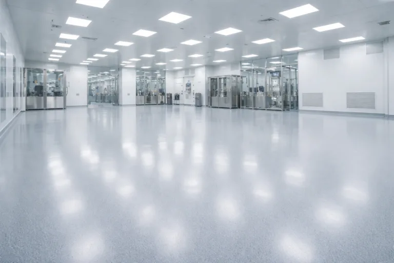 A modern, sterile pharmaceutical cleanroom equipped with seamless ESD epoxy flooring demonstrating anti-static safety and compliance with strict cleanroom standards.