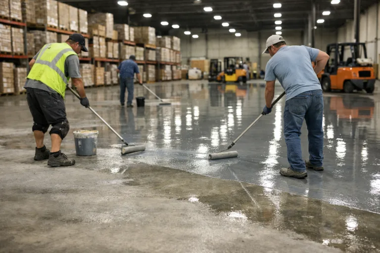 Workers applying polyaspartic coating to warehouse floor