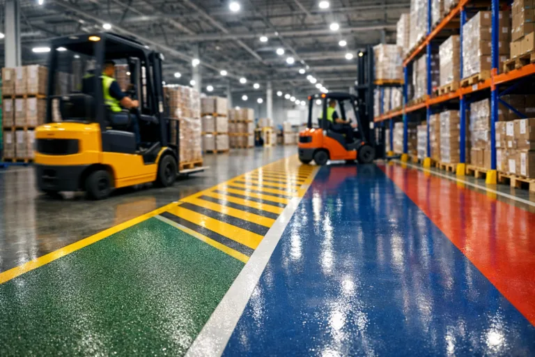 Warehouse floor with colored safety zones and slip-resistant coating