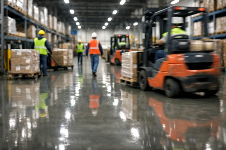 Heavy-duty warehouse facility with polyaspartic-coated floor