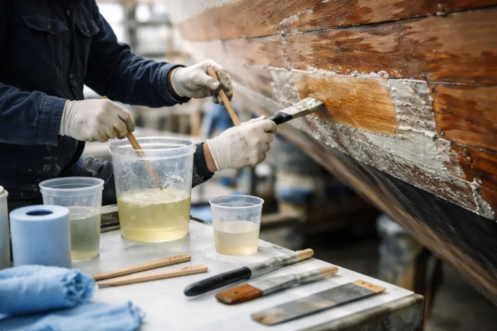 A skilled team applies best marine epoxy resin to repair a wooden hull, illustrating the technical care required for marine environments.