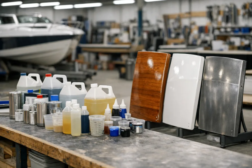 A variety of marine epoxy resin products for different substrates displayed in a clean, industrial boat repair environment.