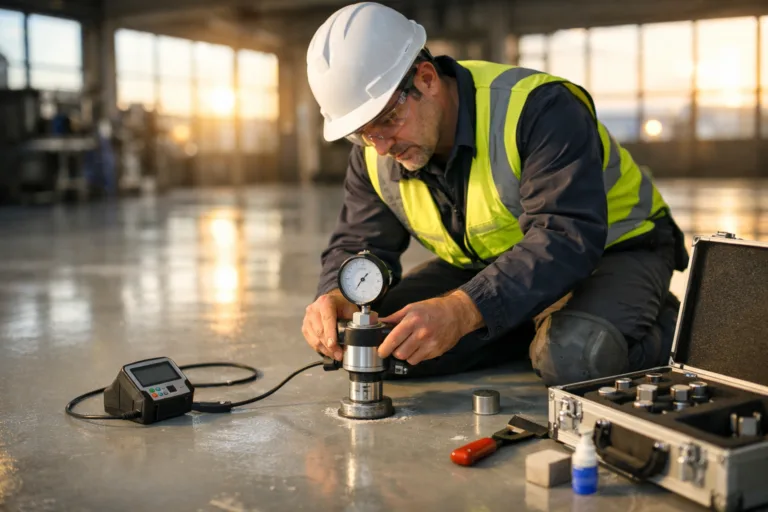 A technician performs adhesion testing after epoxy primer selection, ensuring optimal bond and preventing delamination in newly installed epoxy flooring.