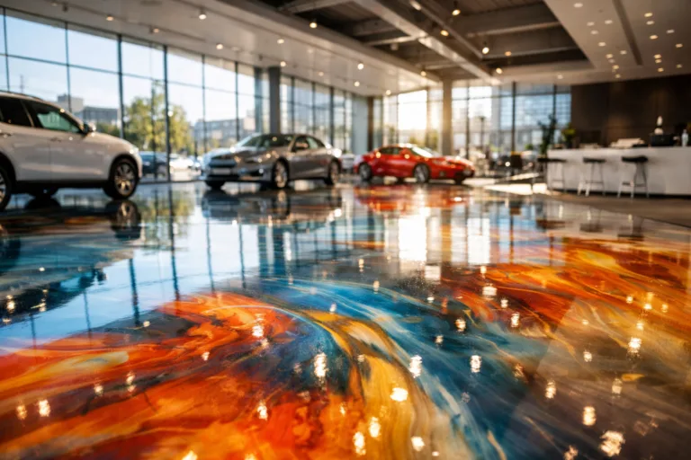 A contemporary commercial showroom with vibrant, UV-stable epoxy flooring that maintains its color even with intense sunlight exposure.