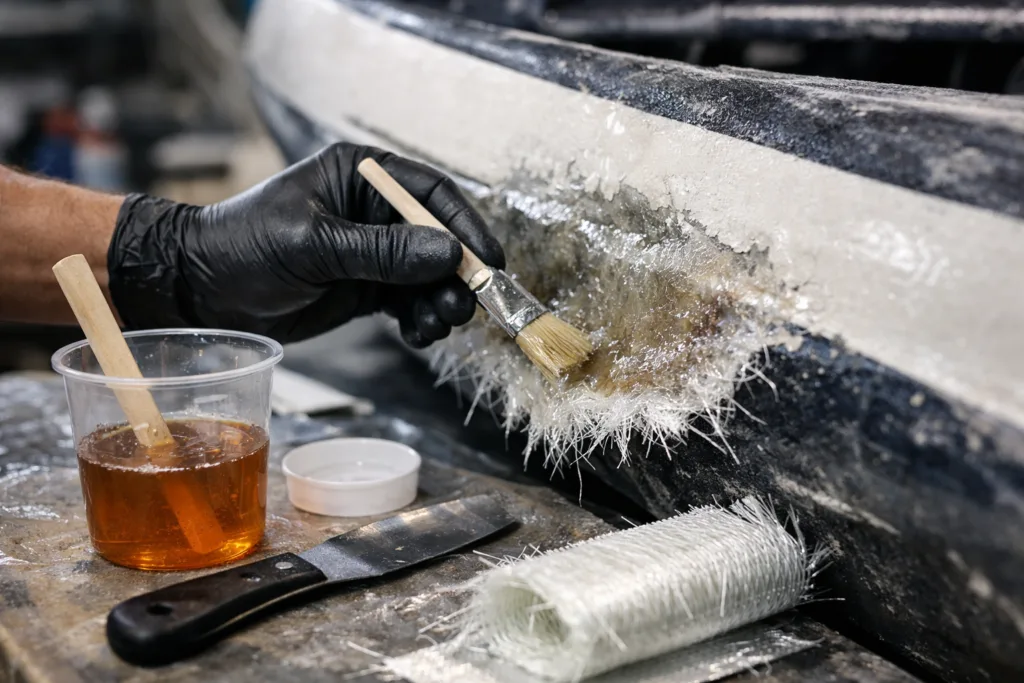 A technician wets out fiberglass cloth on a boat hull using marine epoxy resin. Proper lighting and side angle show the resin's flow and fiber saturation for durable repair.