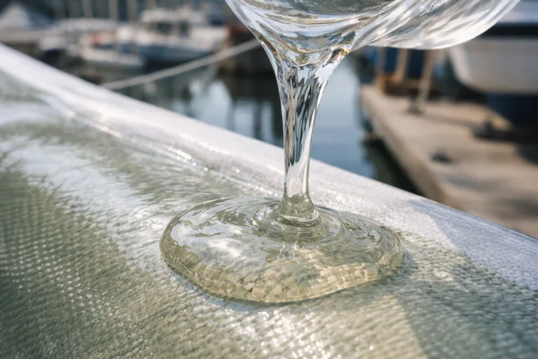 A detailed image capturing the thick flow of high-viscosity marine epoxy resin on a fiberglass boat hull for repair, illustrating practical application.