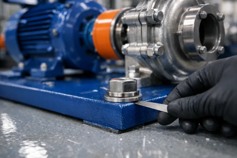 A technician inspects pump base mounting feet for soft foot using feeler gauges and precision tools, emphasizing the importance of stable equipment alignment.