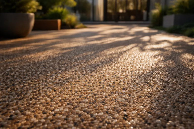 A detailed visual of resin bound stone outdoor flooring finished with a UV resistant waterproof coating for lasting appearance and protection.
