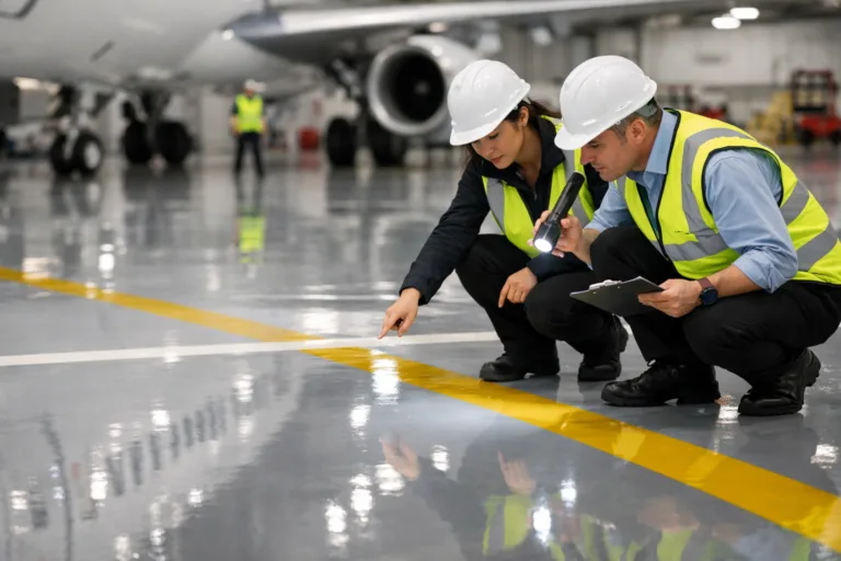 Technicians performing a routine inspection on seamless Skydrol-resistant epoxy floors in an aircraft hangar.