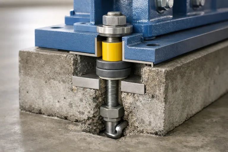 A detailed sectional view illustrating resilient sleeves, bushings, grouted anchor bolts, and a baseplate, ideal for isolating vibration in demanding industrial applications.