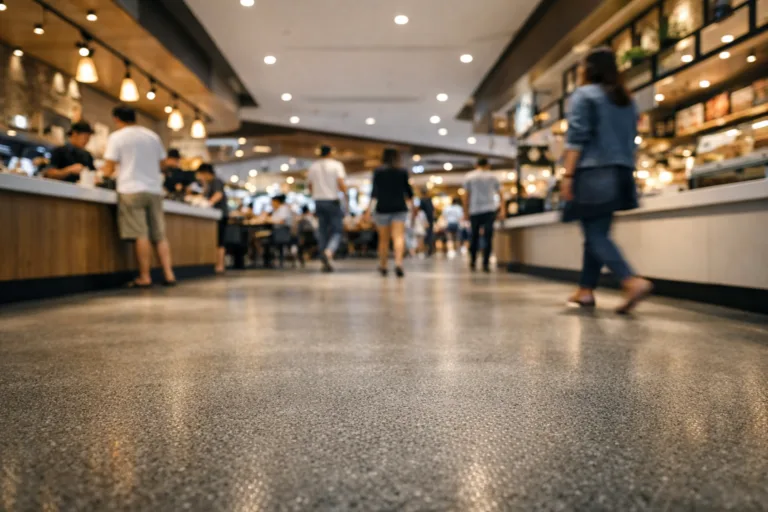 A vibrant retail food court environment fitted with high R-rating (R13) anti-slip floor texture systems for ideal safety and visual appeal.