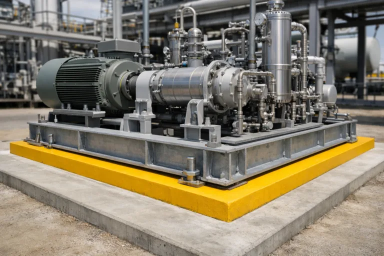 A gas compressor skid foundation being grouted using advanced techniques. The setting highlights both full bed and chock grout interface in a typical industrial environment.