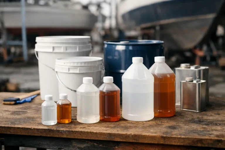 A range of marine epoxy resin packaging sizes including small kits, mid-size pails, and industrial drums on a shipyard bench to illustrate packaging choices.