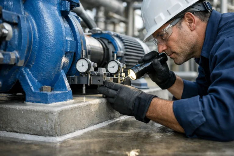 A post-maintenance inspection scene shows an engineer verifying the alignment and integrity of a re-grouted industrial pump base.