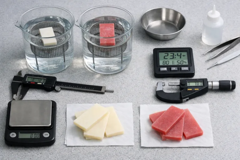 Lab scene displaying side-by-side water absorption tests for epoxy and vinyl ester samples, emphasizing technical detail for marine comparison.