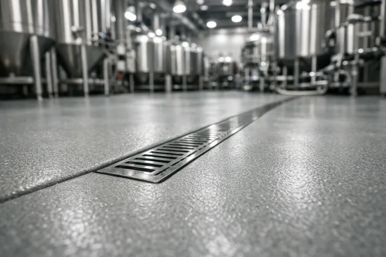 A professional brewery setting with polyurethane mortar flooring, engineered for thermal shock resistance and perfect for steam cleaning.