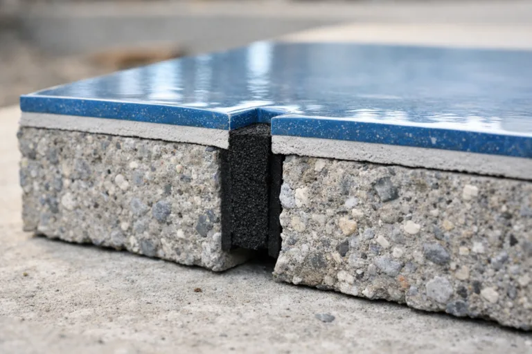 Diagram showing the construction of an epoxy resin floor with concrete base, flexible joint filler, and an expansion joint, emphasizing how each element works together.