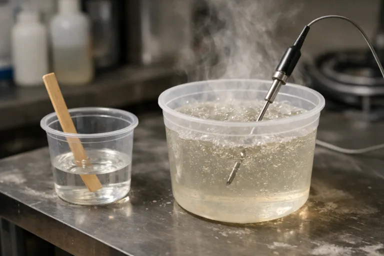 A comparative view of small and large epoxy batches visually showing heat generated, demonstrating the impact of batch size on exotherm.