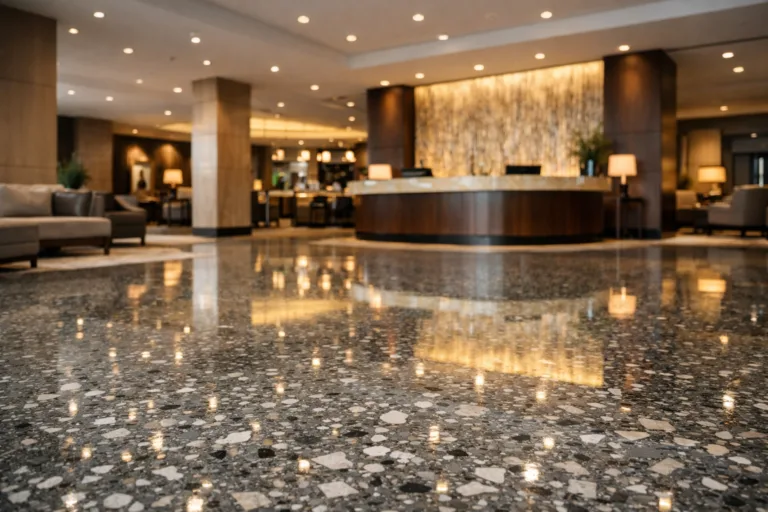 A sophisticated hotel lobby displaying a seamless, high-gloss epoxy terrazzo floor finished with elegant marble chips—a perfect mix of artistry and engineering.