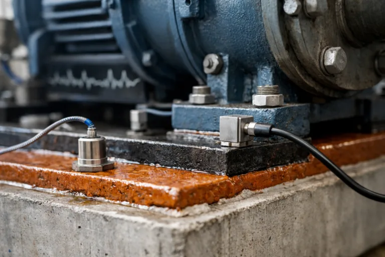 Vibration sensors installed on a machinery foundation demonstrate how grout stiffness influences resonance and critical speed in real installations.