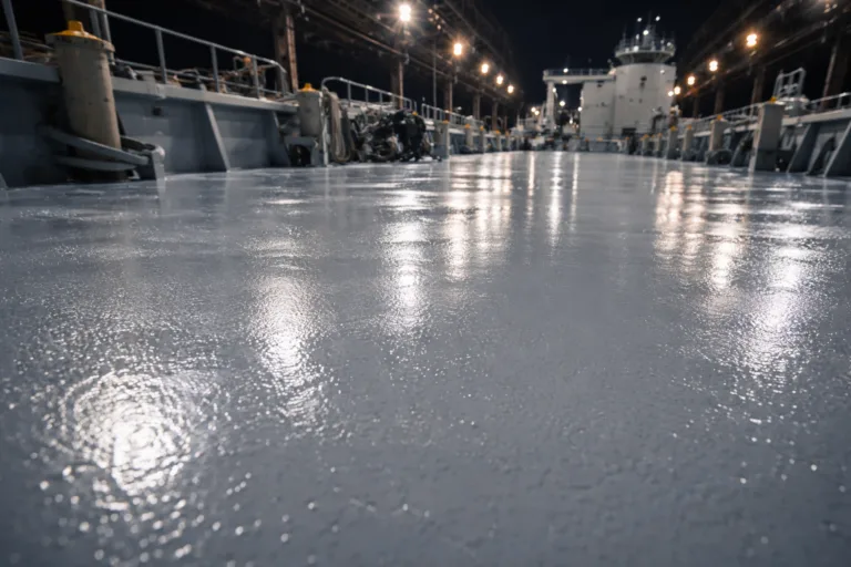 A photo-realistic depiction of a marine ship deck with a fresh layer of epoxy primer, highlighting texture and gloss, in an industrial harbor setting.