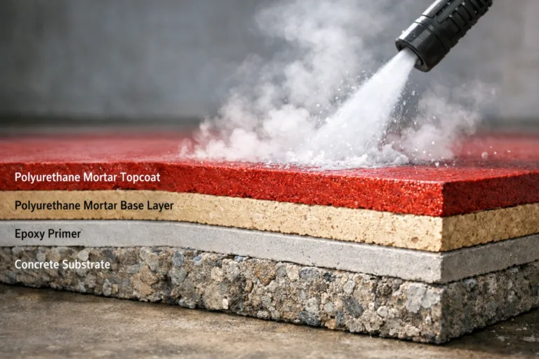 A technical visual showing steam cleaning on a cross-section of polyurethane mortar flooring, emphasizing thermal shock resistance in brewery applications.