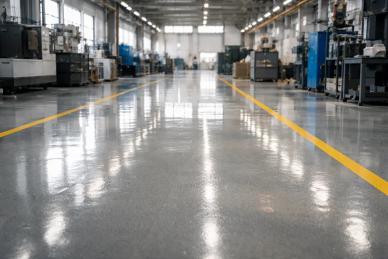 A pristine, wear-resistant polyurethane topcoat floor in a busy industrial environment, demonstrating real-world application and durability.