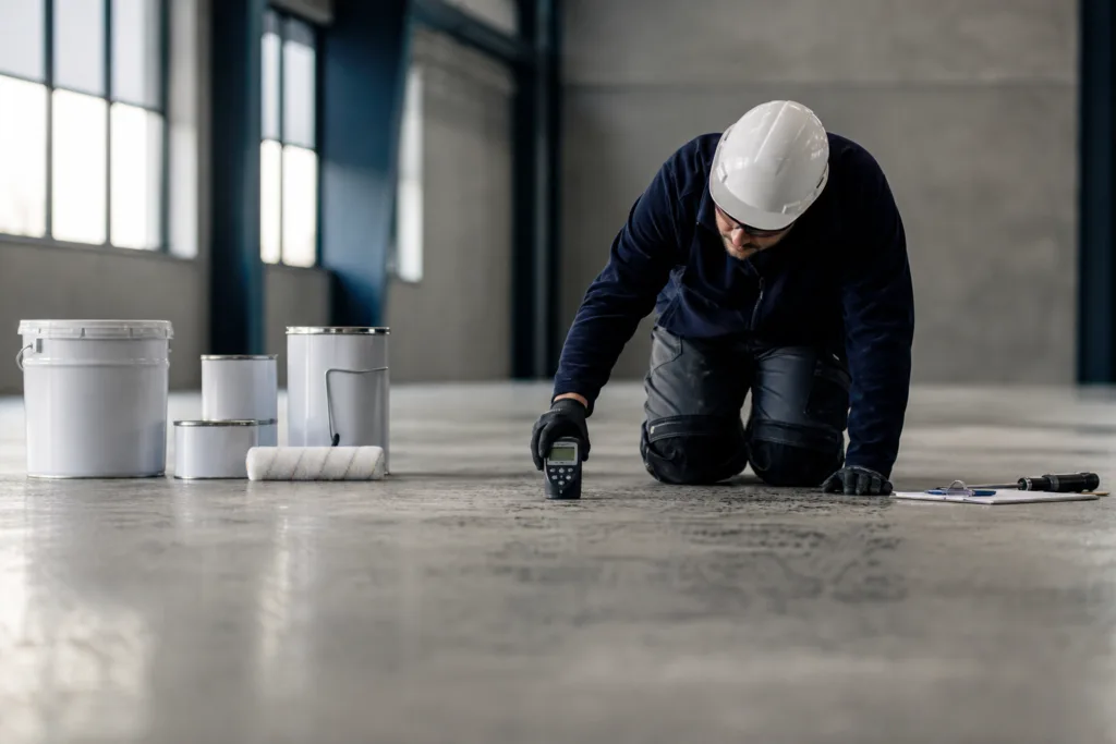 A realistic project scene showing concrete floor evaluation before primer and coating selection.