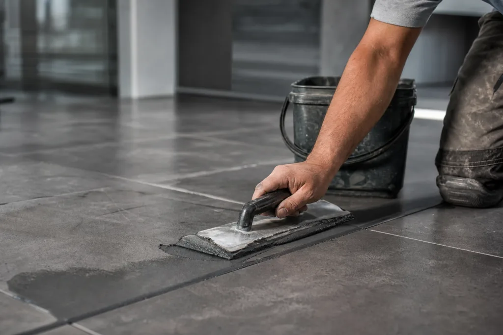 Close-up image showing controlled application of epoxy grout on porcelain tile with attention to joint filling and surface cleanliness.