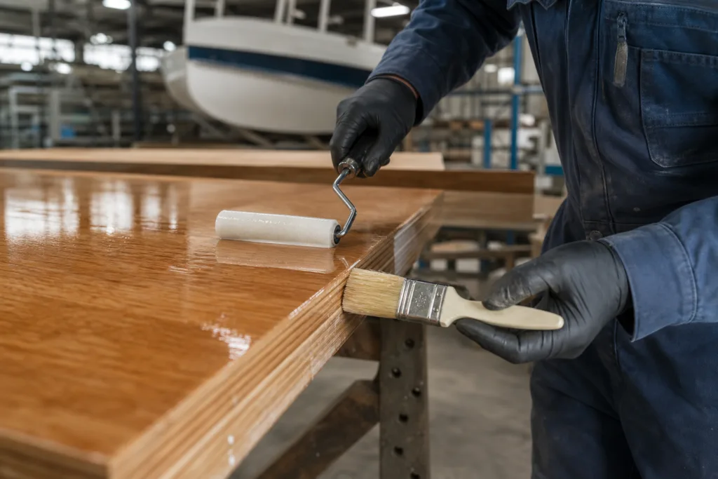 Marine plywood sealing process showing careful edge encapsulation with epoxy in a professional workshop.