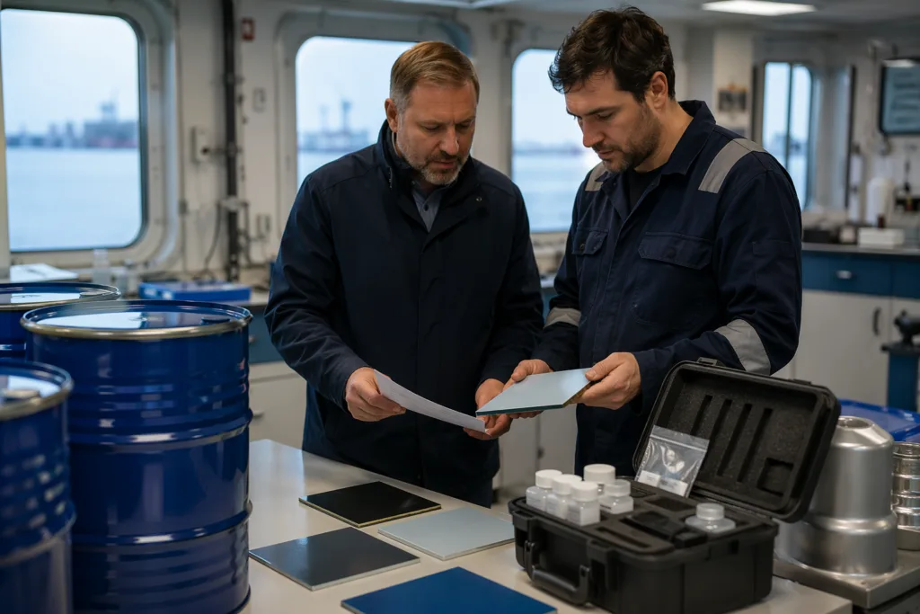 A realistic industrial image showing a buyer and engineer evaluating marine epoxy materials, packaging, and technical documentation.